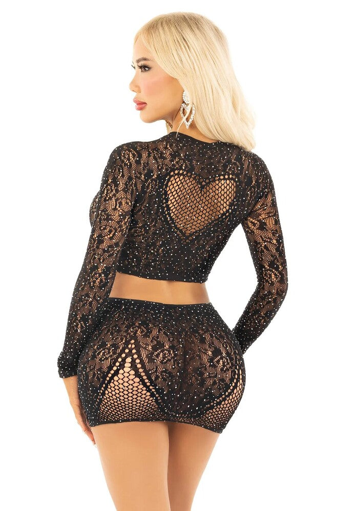 Completino Sexy Rhinestone Crop Top and Mini Skirt Nero - Erotika Shop
