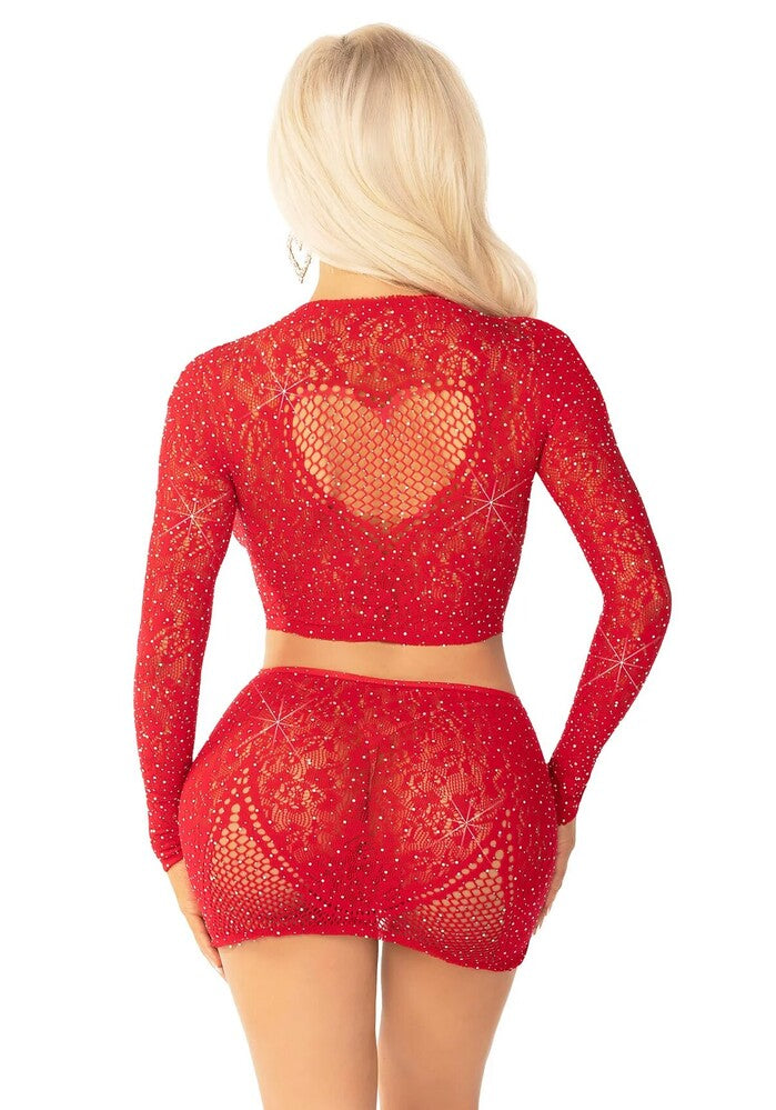 Completino Sexy Rhinestone Crop Top and Mini Skirt Rosso - Erotika Shop