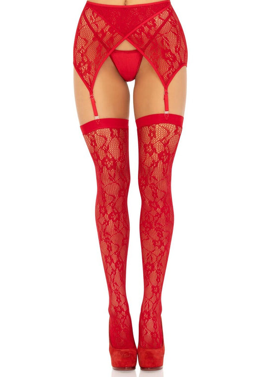Calze Sexy Lace Thigh and Garterbelt Rosso - Erotika Shop