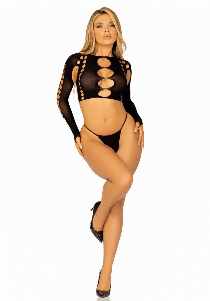 Completino Sexy Long Sleeve Crop Top e String Nero - Erotika Shop