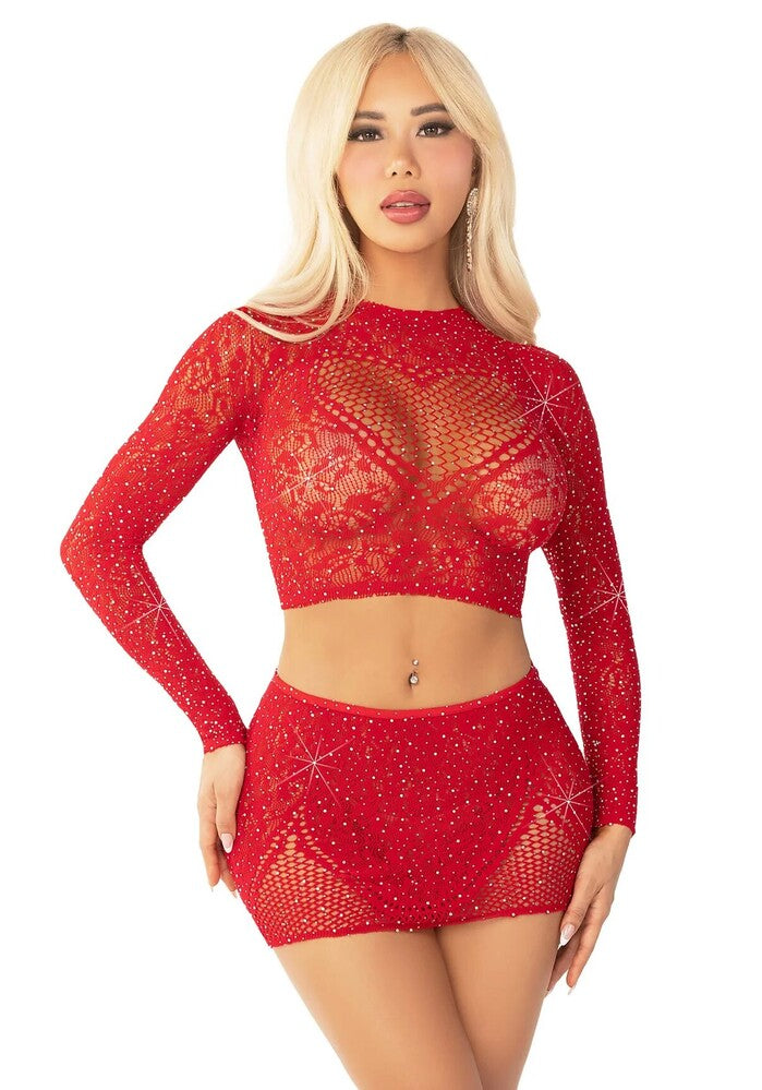 Completino Sexy Rhinestone Crop Top and Mini Skirt Rosso - Erotika Shop