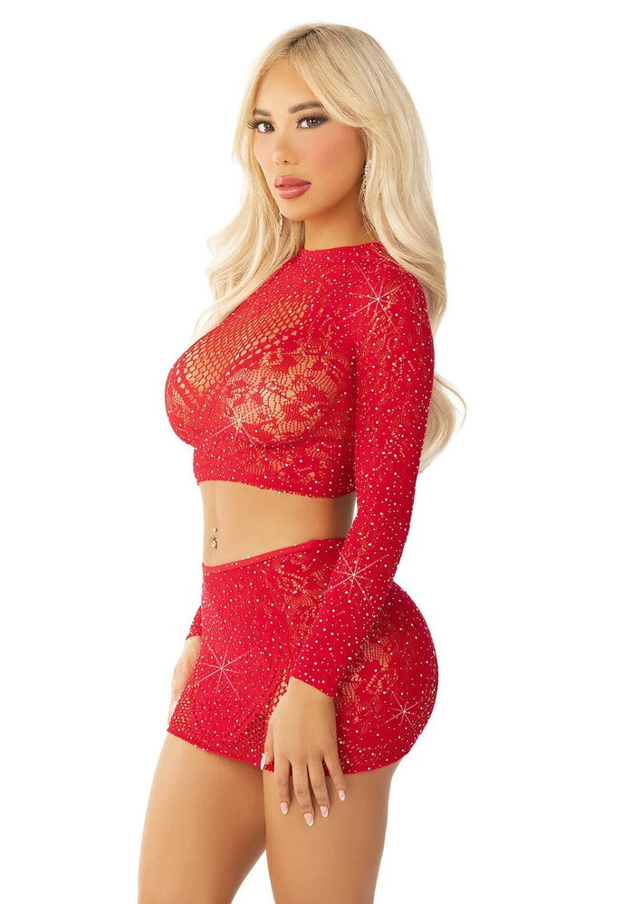 Completino Sexy Rhinestone Crop Top and Mini Skirt Rosso - Erotika Shop