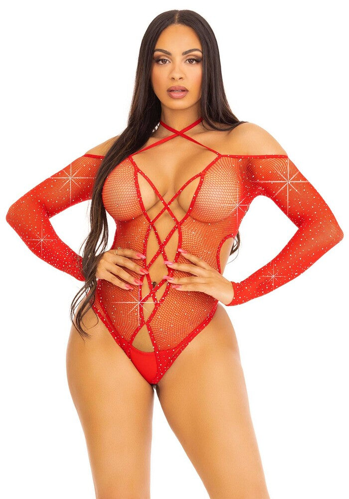 Body Sexy Crotchless Teddy with Halter Rosso - Erotika Shop