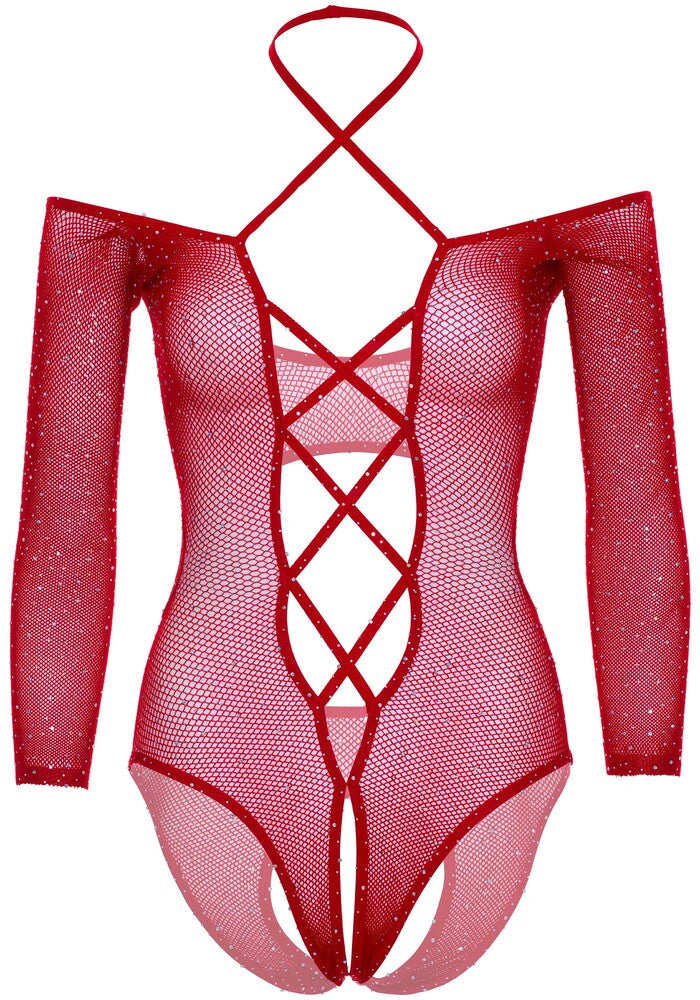 Body Sexy Crotchless Teddy with Halter Rosso - Erotika Shop