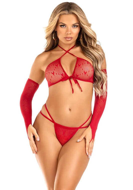 Completino Sexy Crop Top G String and Gloves Rosso - Erotika Shop